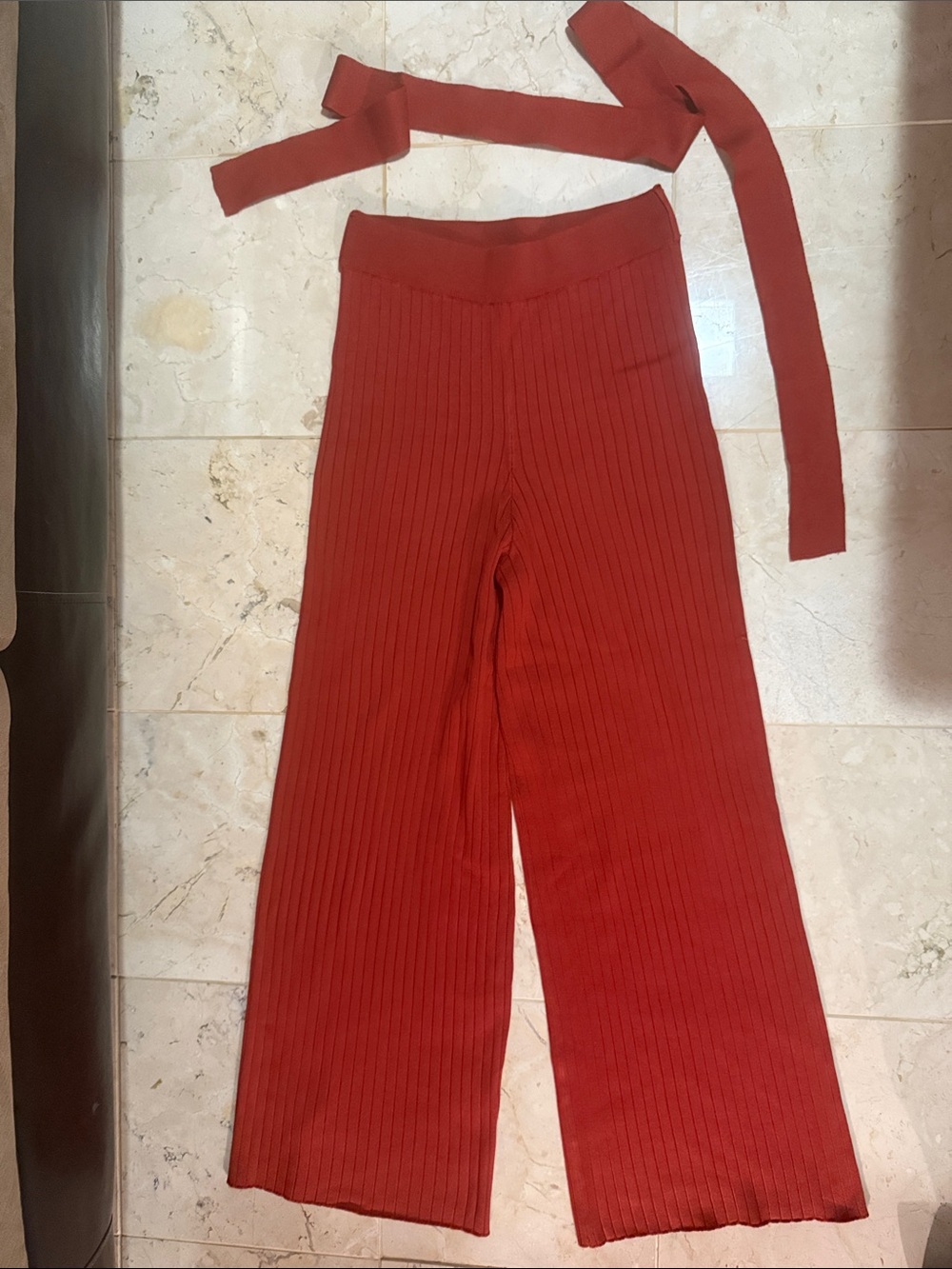 Thick Ribbed Wide-Leg Knit Pants in rust